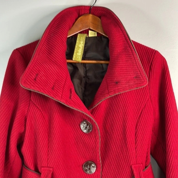 SOIA & KYO Deep Red Ribbed Wool Blend Belted Jacket Coat High Neck Pockets M - Picture 4 of 11